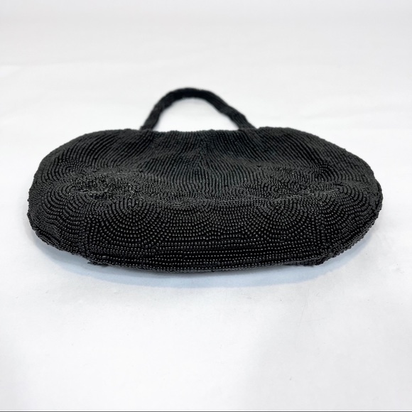 Vintage Delill Black Beaded Sequins Evening Bag Purse W/Strap Glass Kiss Clasp - Picture 3 of 10